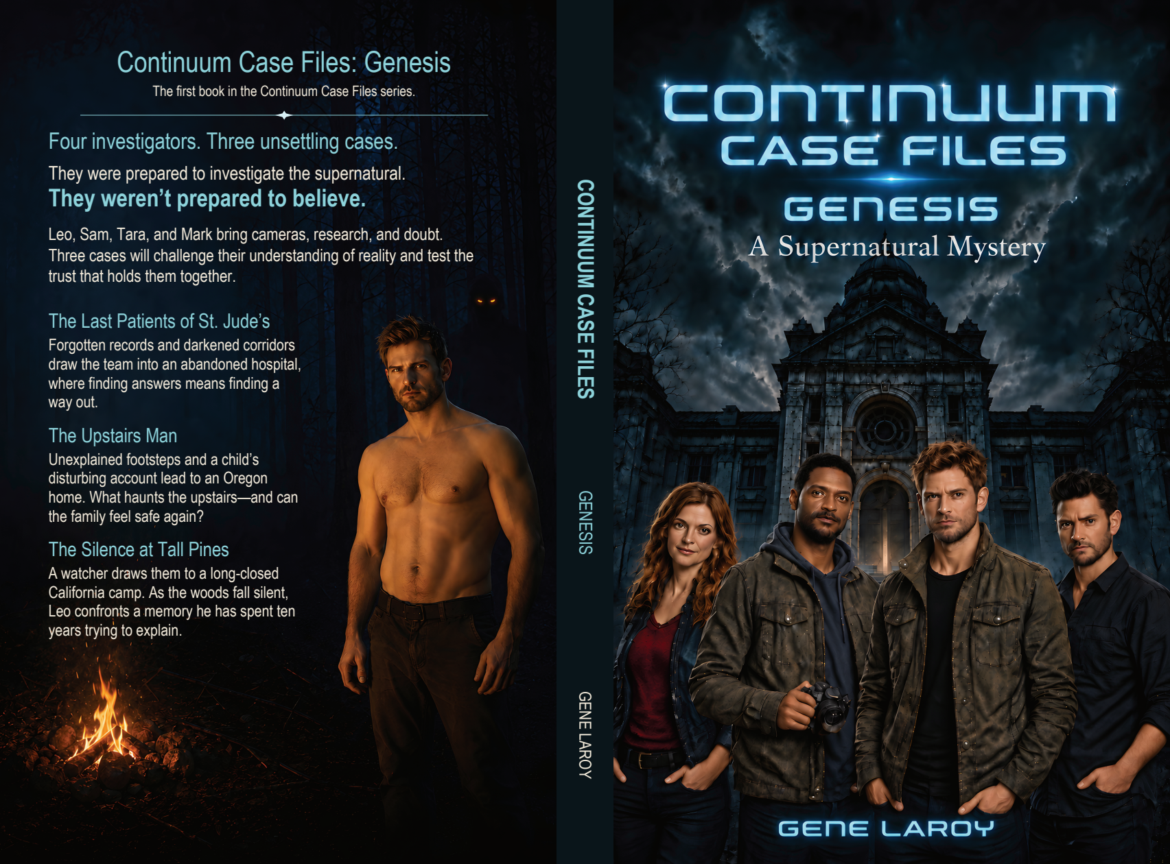 Continuum Case Files: Genesis cover, by Gene Laroy. The four investigators stand before a gothic hospital beneath dark clouds.