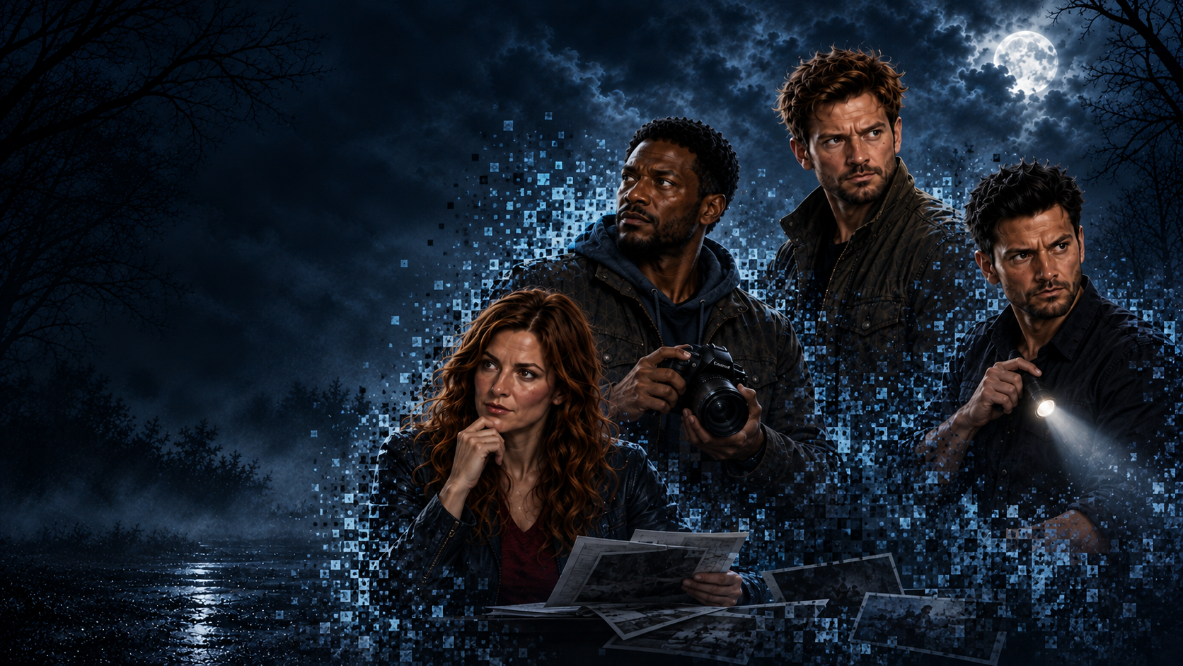 The Continuum team beneath moonlit clouds, framed by trees and mist: auburn-haired woman, Sam holding a camera, light-haired bearded man, and dark-haired bearded man, in that order.
